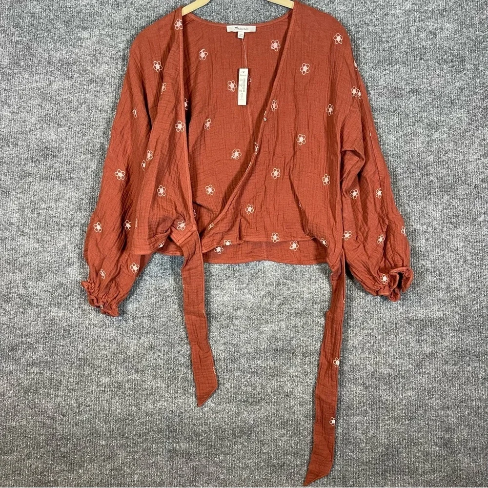 Madewell Womens XXS NWT Burgundy Brown Floral Boho Peasant Wrap Crop Long Sleeve - Picture 7 of 9
